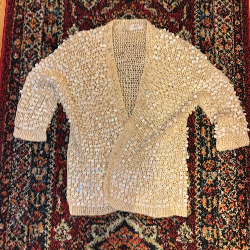 Vintage Ivory Wool Made in Italy Cardigan Iridescent Sequins Knit